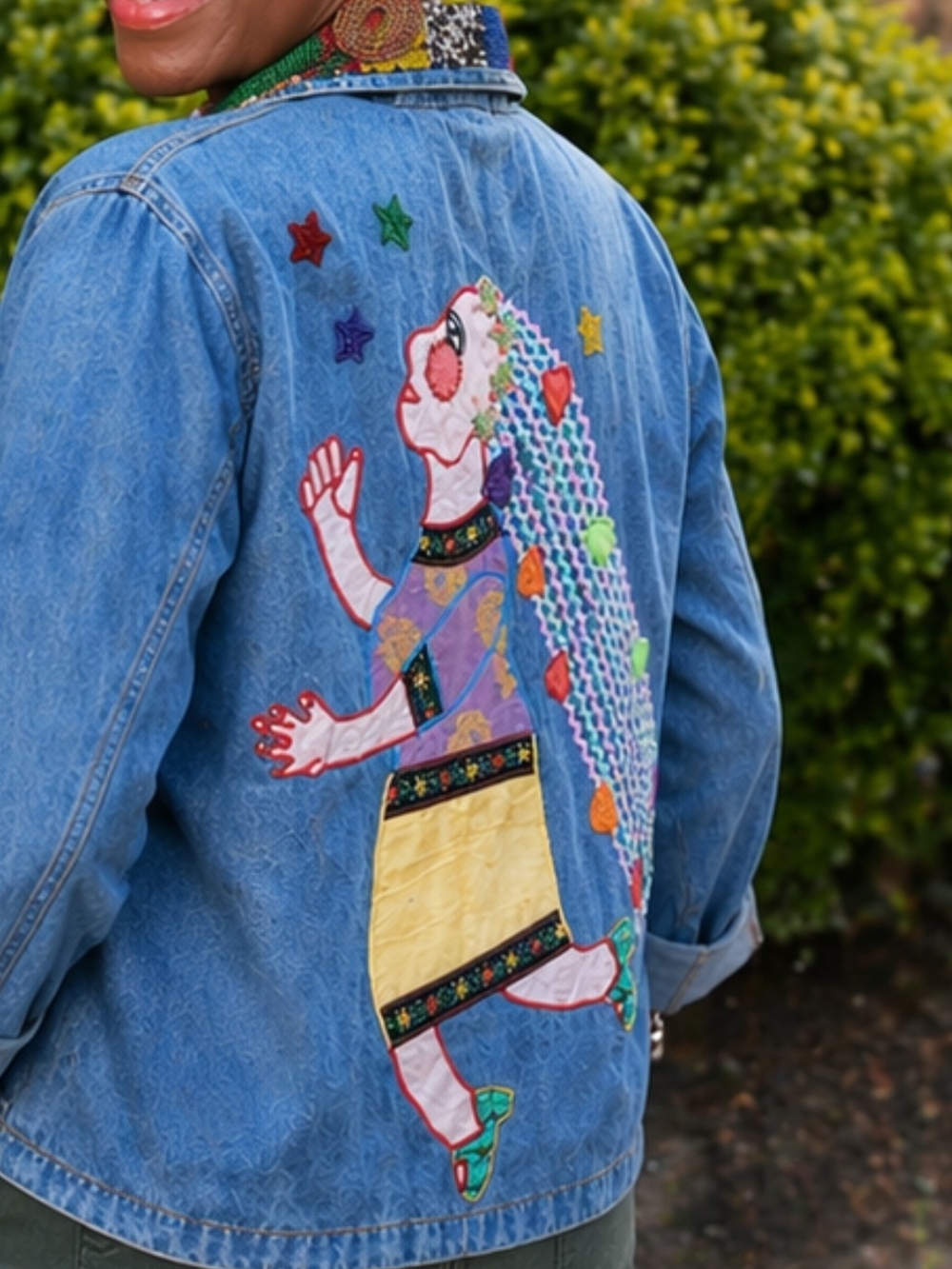 Vintage Chico’s Design Art-to-Wear Embroidered Denim Jacket Beaded Collar Boho